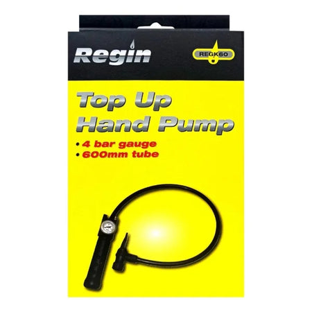 Regin top-up hand pump with 4 bar gauge and 600mm tube, black pump and hose