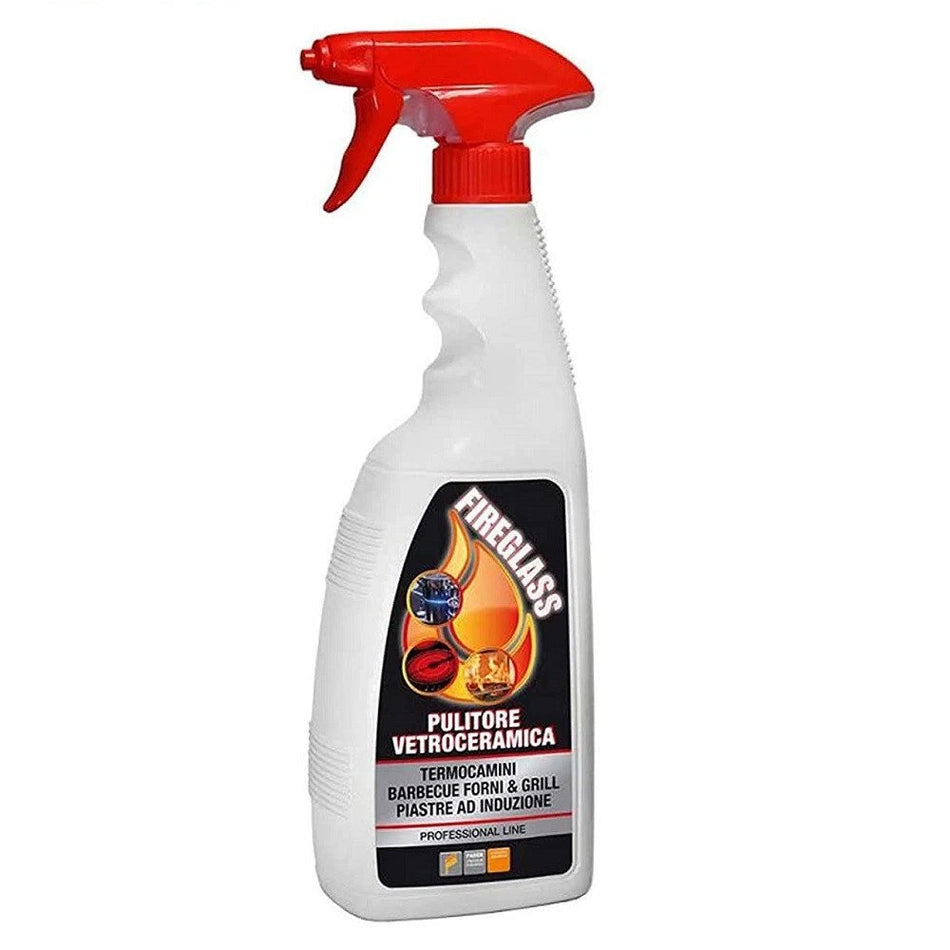 Fireglass glass cleaner spray bottle with red trigger and white body, front label