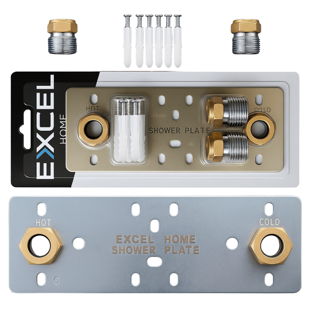 Shower valve fixing plate system with two threaded fittings and perforated mounting plates