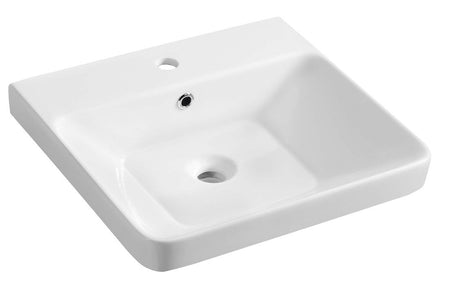 White ceramic vanity washbasin with two tap holes and central drain, rectangular basin