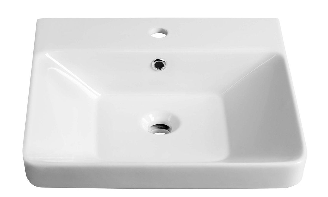 White ceramic vanity washbasin with tap hole and central drain, smooth rectangular shape