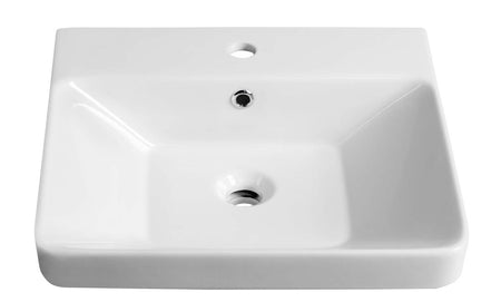 White ceramic vanity washbasin with tap hole and central drain, smooth rectangular shape