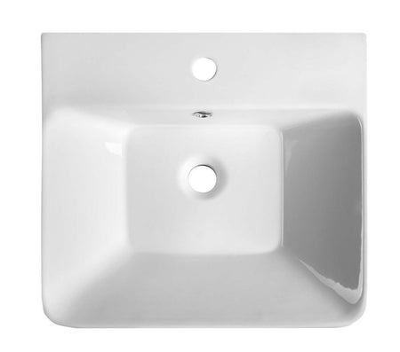 White ceramic washbasin with round tap and drain openings, boxy square basin
