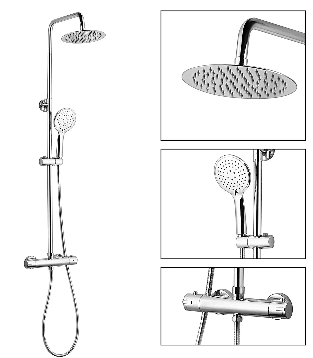 Chrome thermostatic shower mixer set with overhead shower head and wall diverter