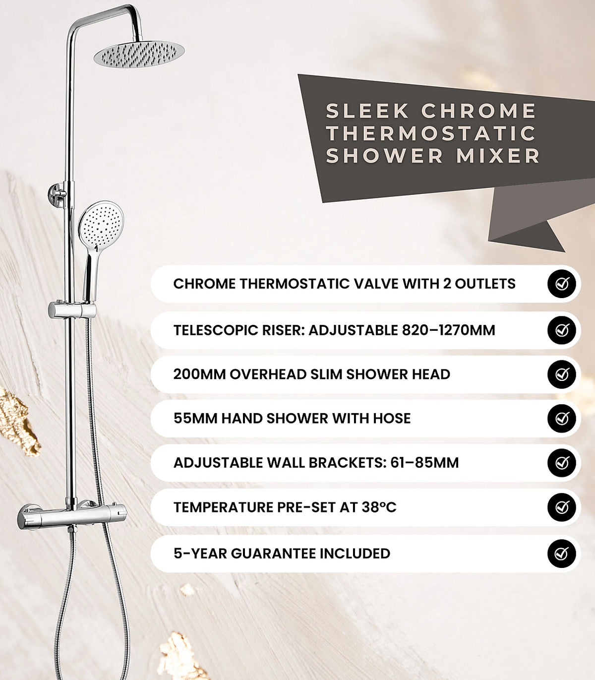 Chrome thermostatic shower mixer with telescopic riser, overhead and handheld outlets