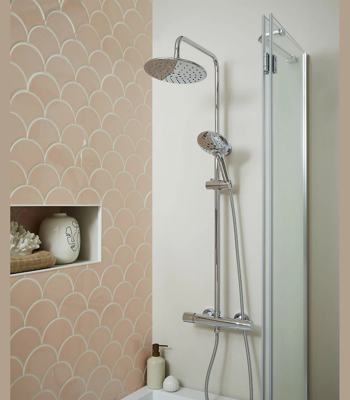 Chrome thermostatic shower mixer set with round overhead head and handheld shower