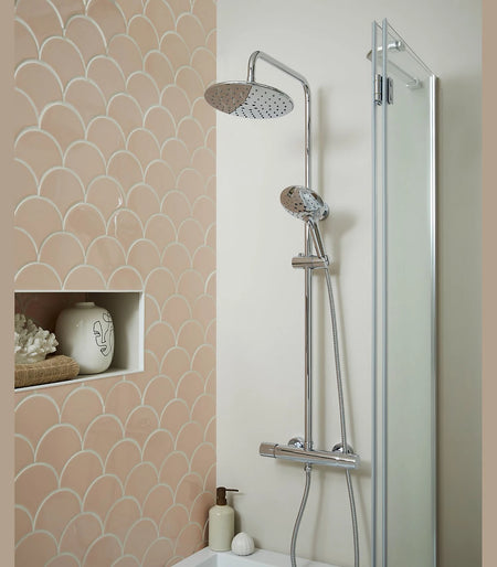 Chrome thermostatic shower mixer set with round overhead head and handheld shower