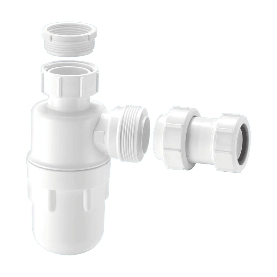 White plastic bottle trap with 1.25 in reducer and 1.5 in inlet