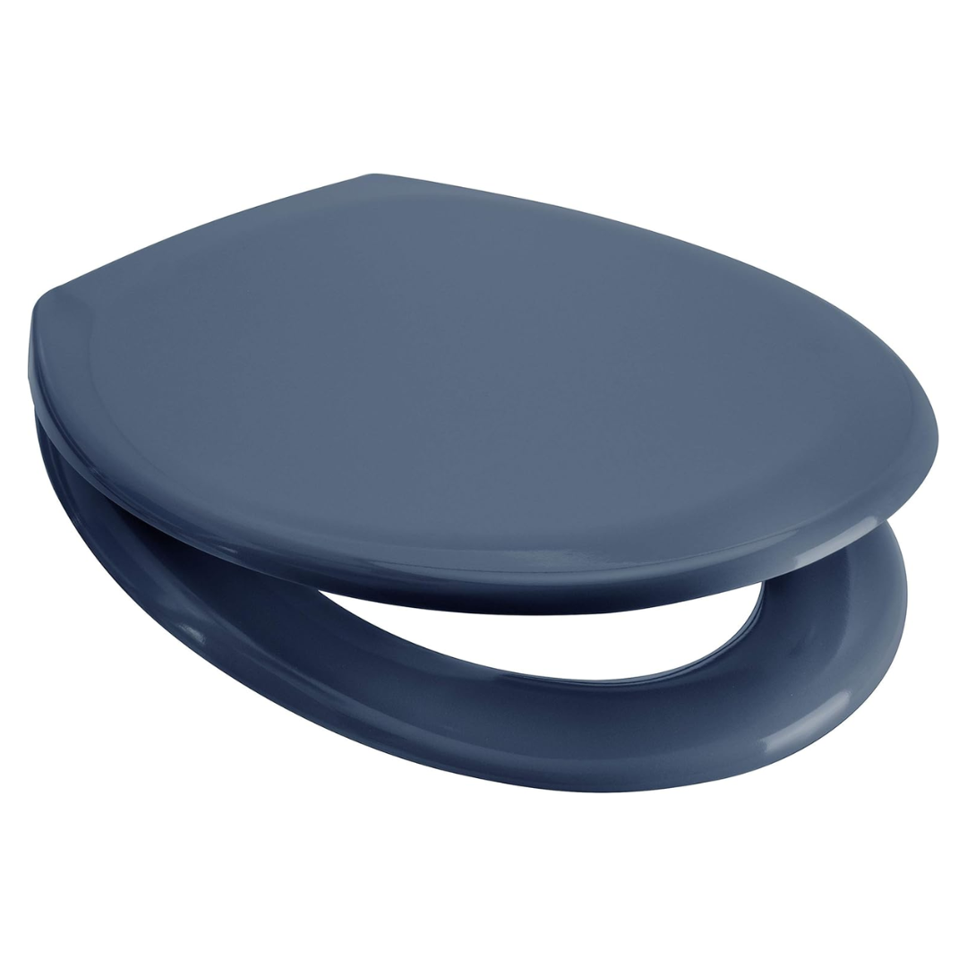 Denim blue soft-close toilet seat lid with rounded oval shape