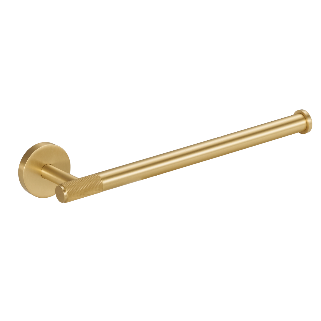 Brushed brass toilet roll holder with long bar and cylindrical end cap