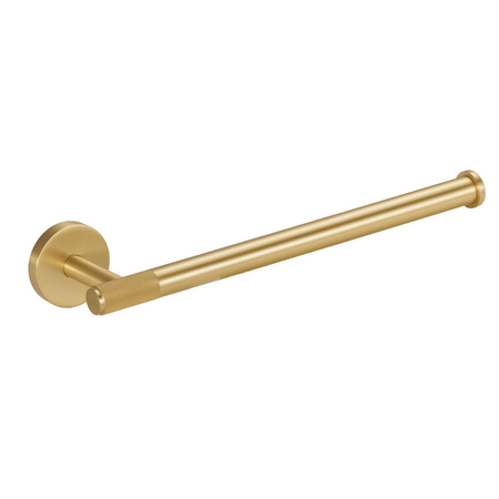 Brushed brass toilet roll holder with long bar and cylindrical end cap