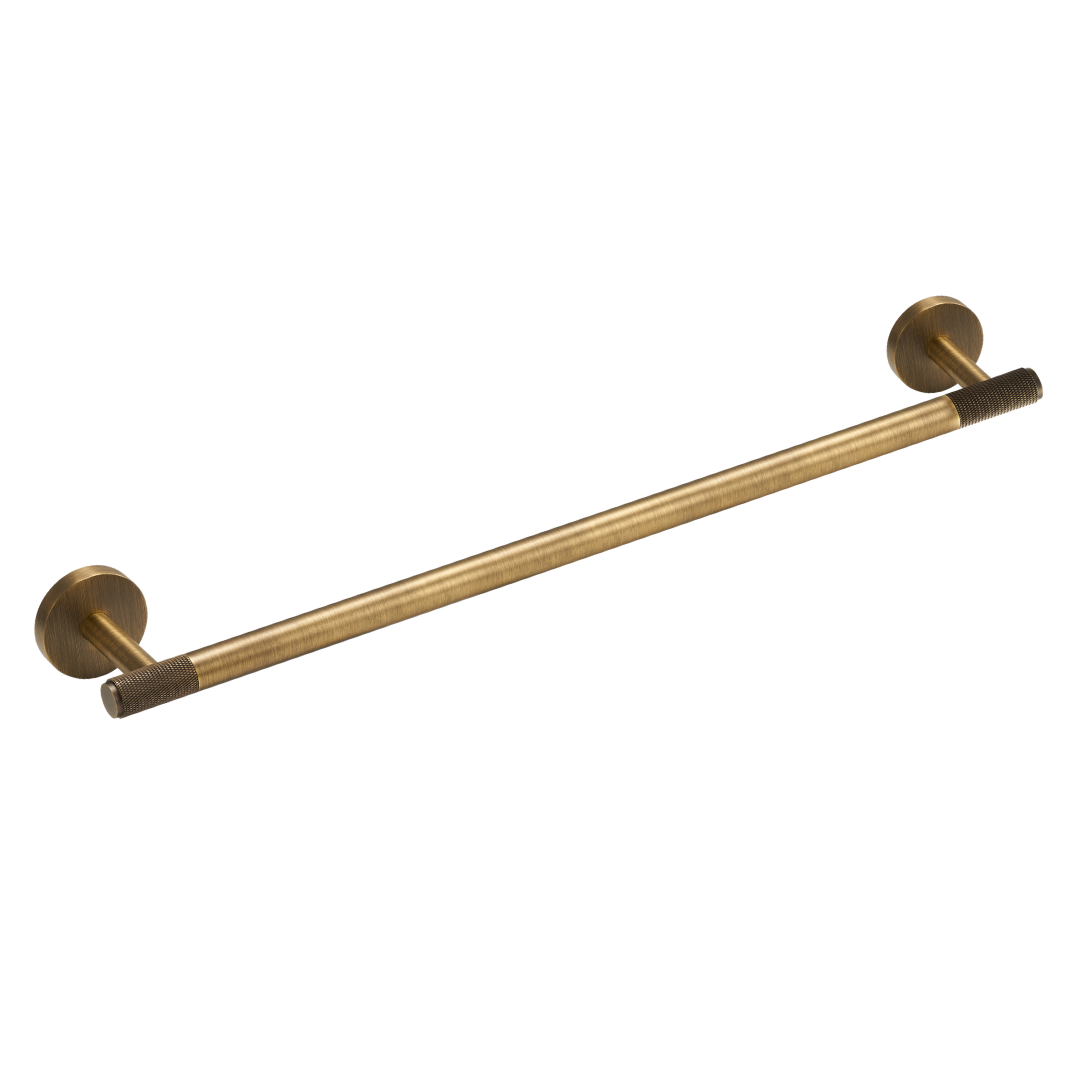 Brushed brass towel rail with two round bases and ribbed metal grip section