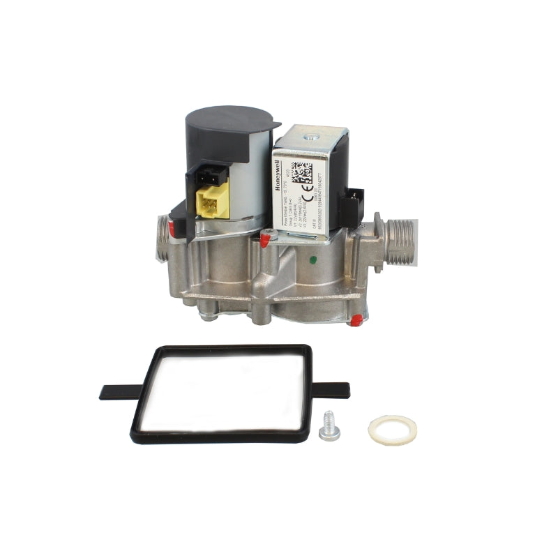 Gas valve section with metal body, label, threaded ports, and mounting screw and gasket